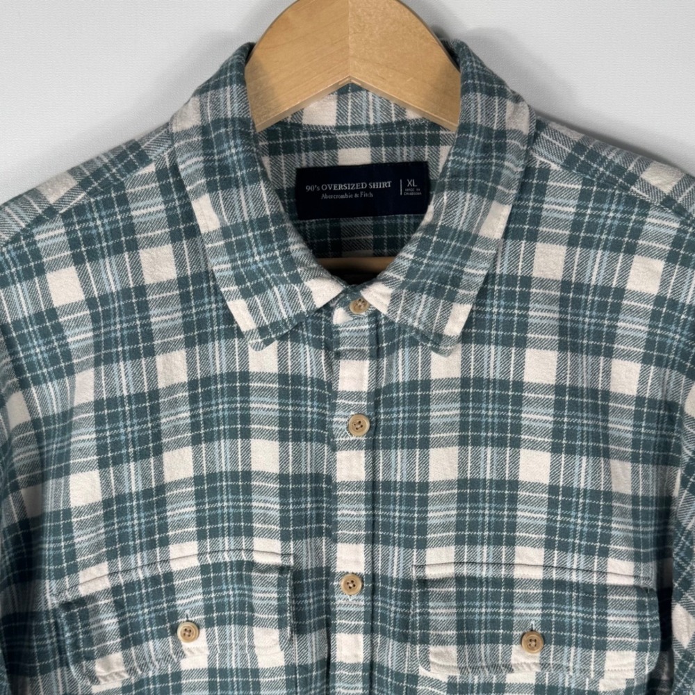 Abercrombie & Fitch 90s Oversized Shirt Mens XL Teal White Plaid Cotton Flannel